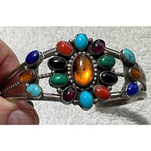 Vintage Navajo NAKAI Garnet Cluster Multistone Sterling Silver Bracelet 7"
